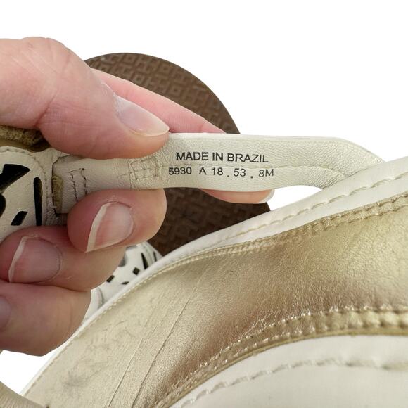 TORY BURCH Metallic Gold Cream Fringe Miller Logo Sandals Flip Flops Size 8 - Picture 8 of 9